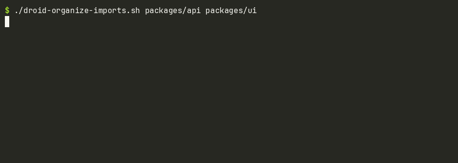 The organize imports script processing four files in packages/api and three in packages/ui (sped up)