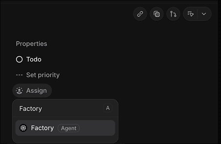 Linear issue assignee picker with Factory shown as an Agent
