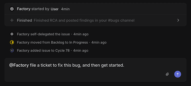 Linear issue showing Factory's agent activity and an @Factory comment requesting follow-on work