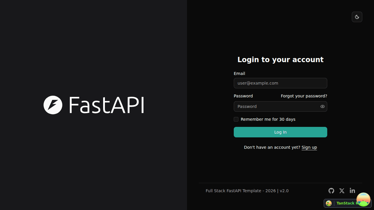 Login page with the new 'Remember me for 30 days' checkbox, captured by agent-browser