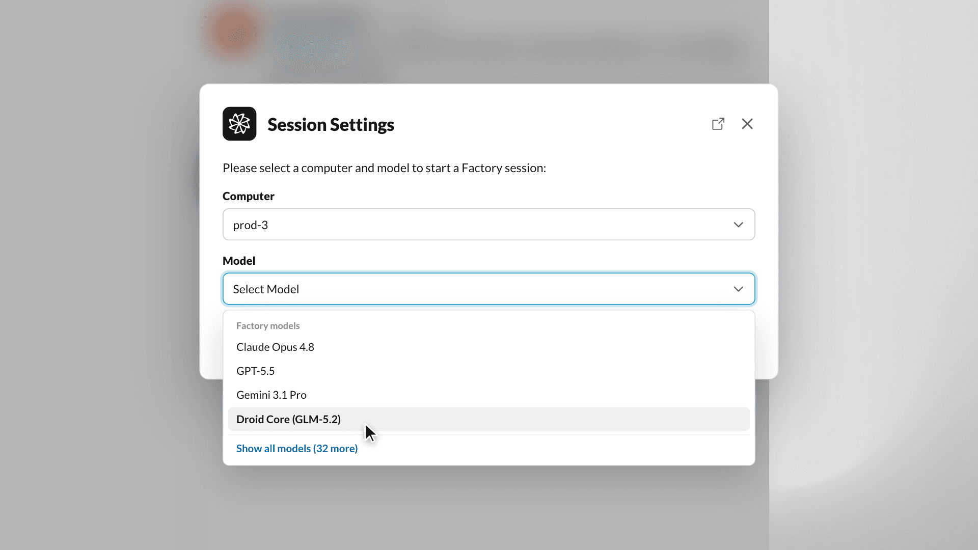 Factory Session Settings dialog showing the model picker with Factory models