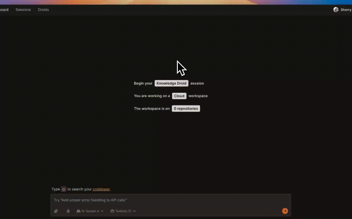 Cloud template attachment flow in the Factory session setup UI