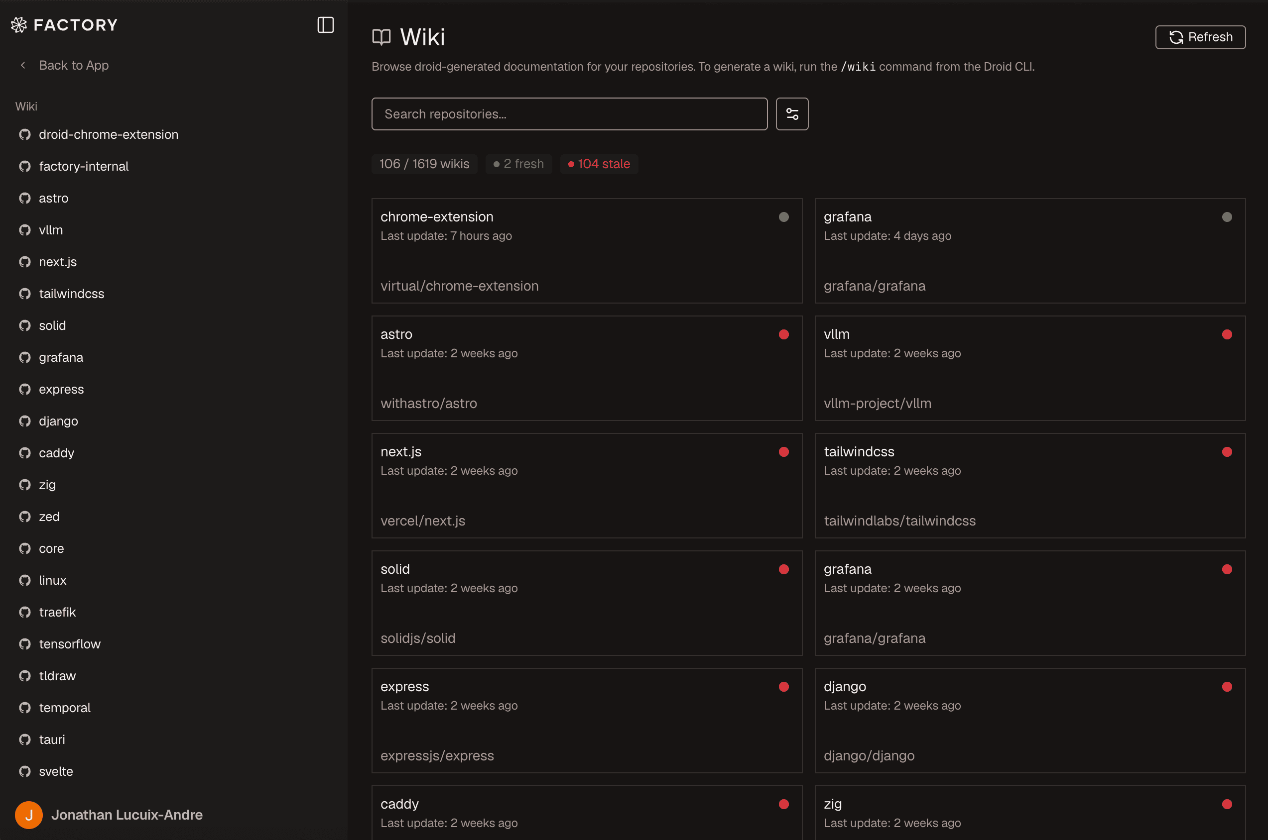 AutoWiki repository overview in the Factory App