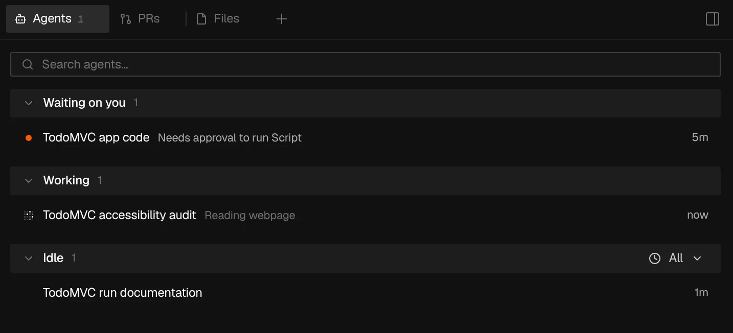 Agents tab with one agent under Waiting on you, one under Working, and one under Idle
