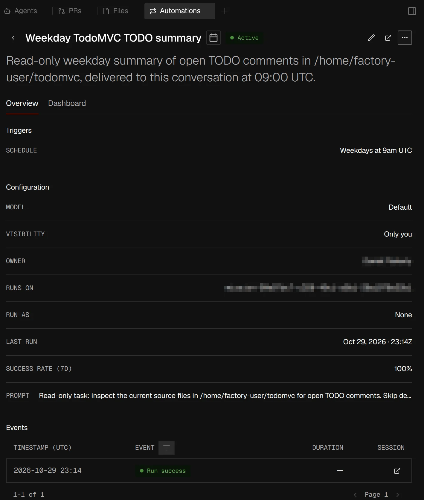 An automation's details in the Automations tab: its schedule, configuration, last run, success rate, and a successful run under Events