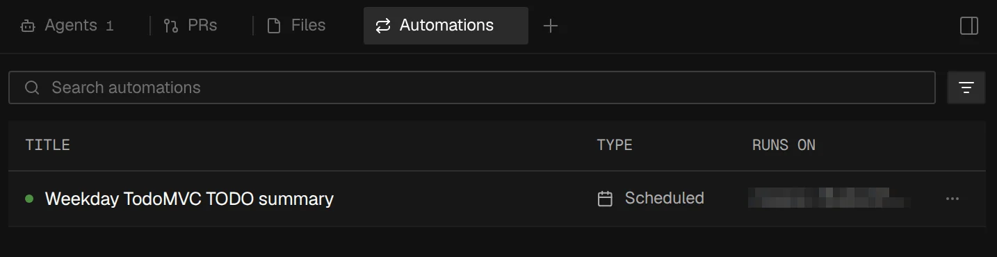 Automations tab with one scheduled automation, showing its title, its type, and the machine it runs on
