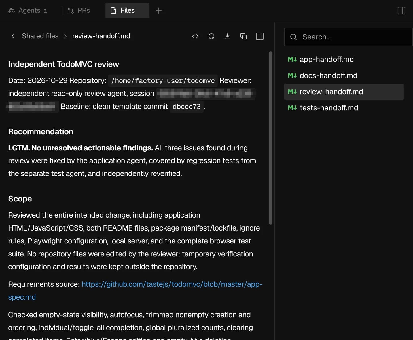 Files tab with an agent's review report open and the shared folder's files listed beside it