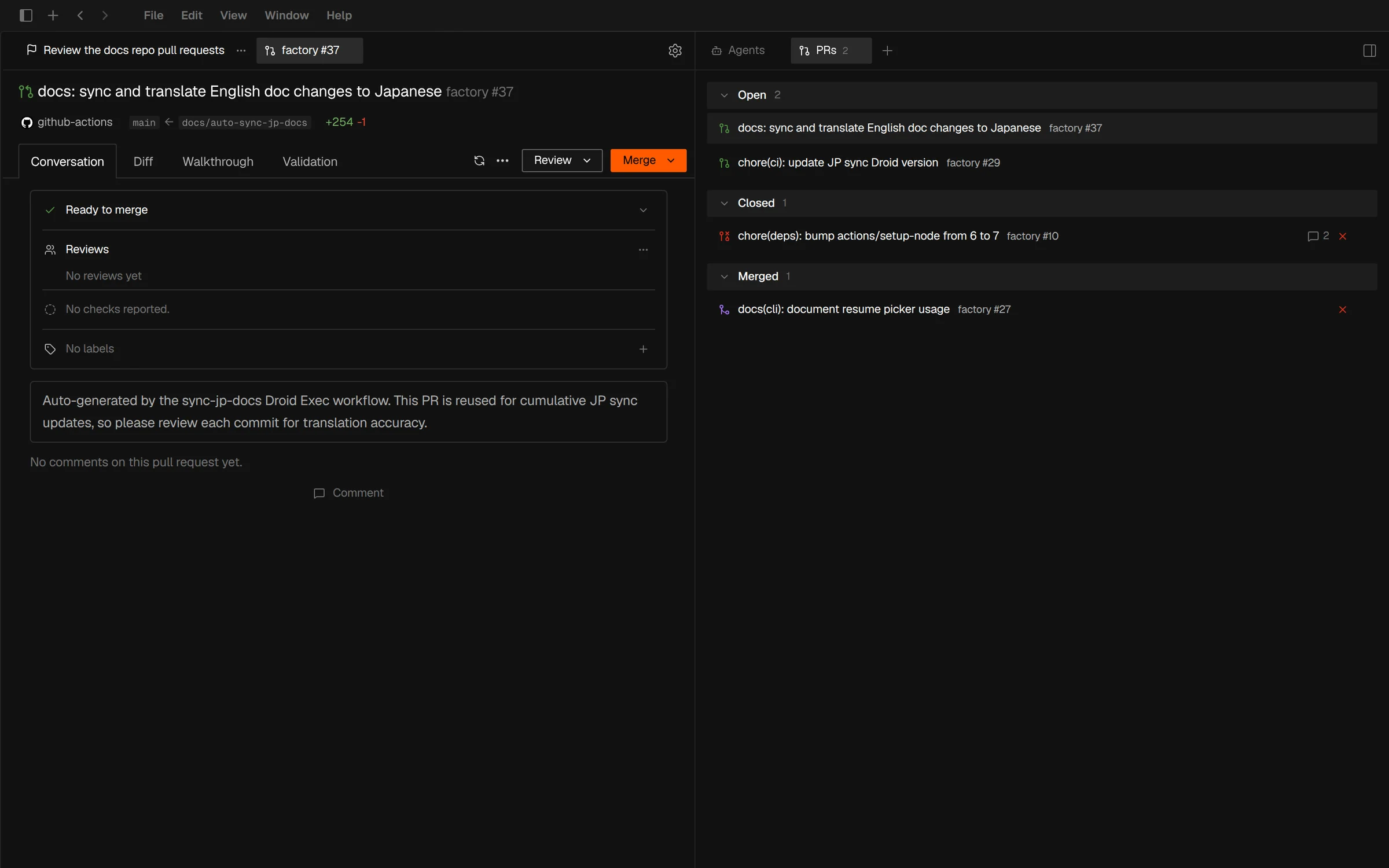 A workstream with a pull request open in a tab on the left, showing the Conversation view with its merge status, reviews, checks, labels, and description, and the PRs tab on the right listing the workstream's open, closed, and merged pull requests with that one selected