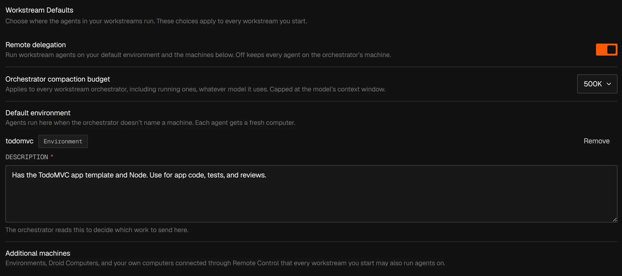 Workstream Defaults in Settings with Remote delegation, the orchestrator compaction budget, and an environment set as the default with its description