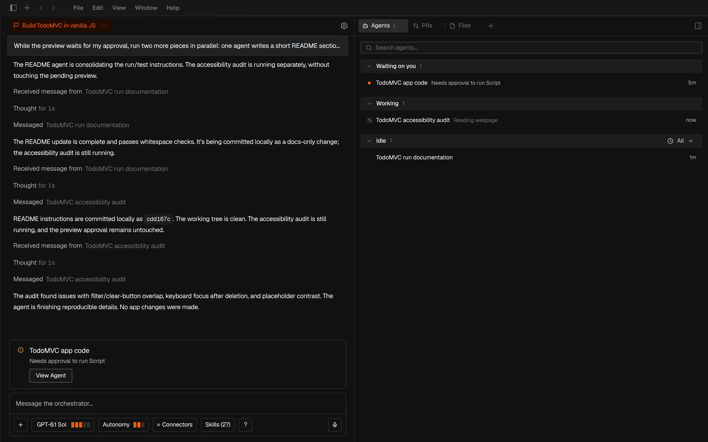 A workstream in the Factory App: the orchestrator chat on the left and the Agents tab on the right, with agents under Waiting on you, Working, and Idle