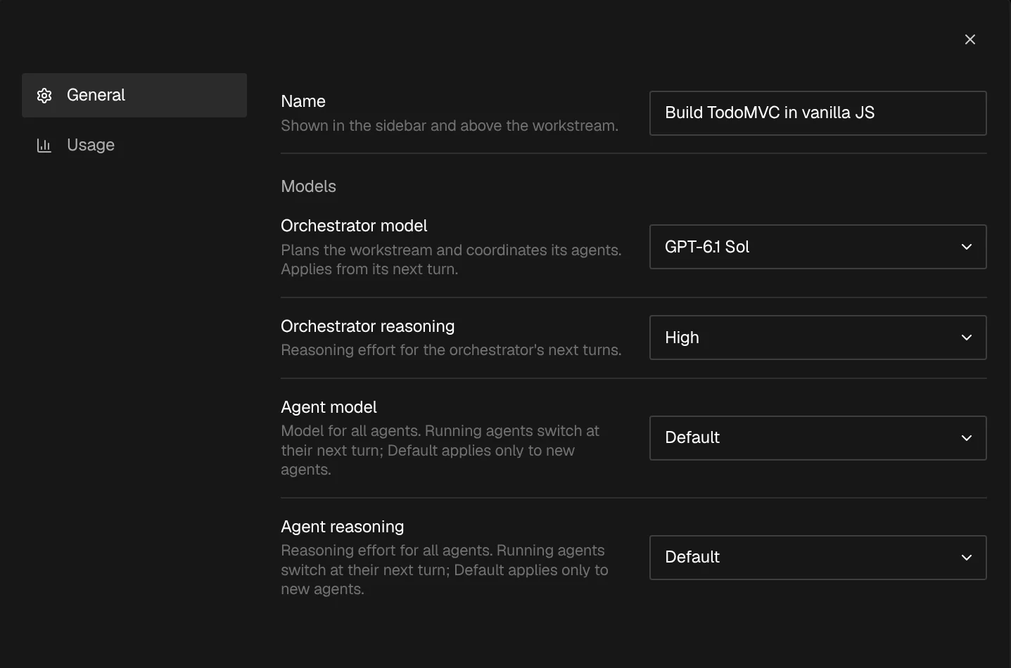 Workstream settings dialog on its General section, with Name and the orchestrator and agent models
